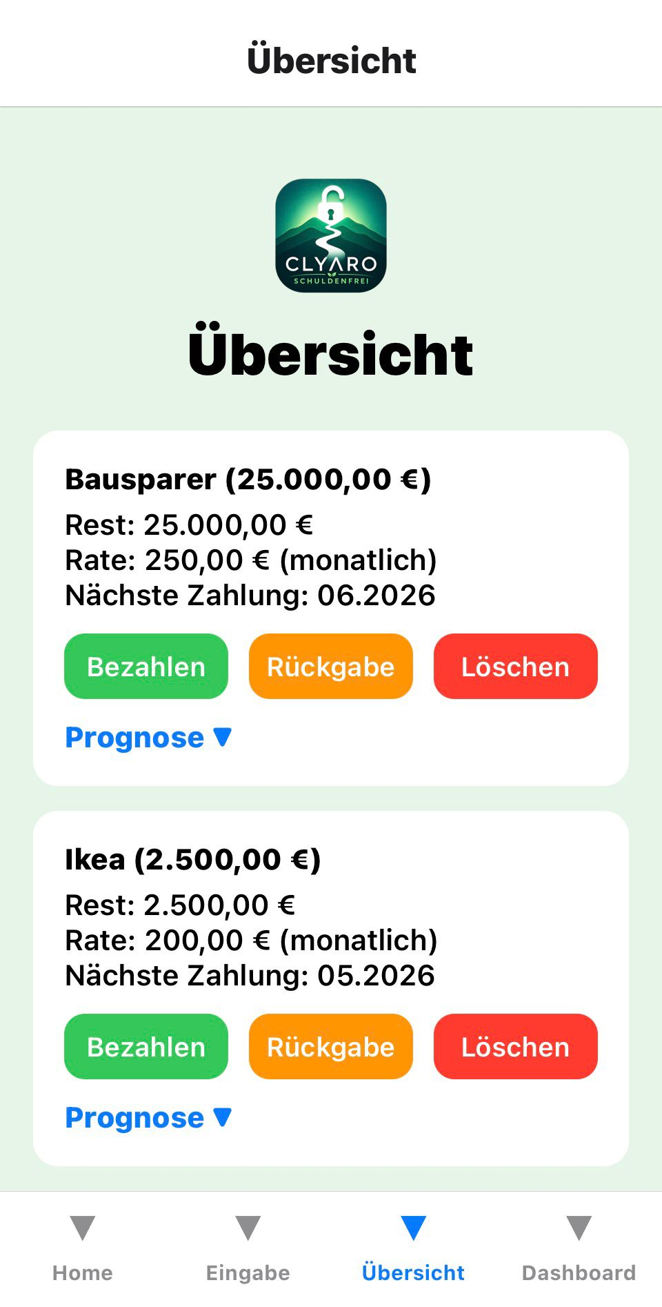 Clyaro Übersicht mit Schulden und Raten